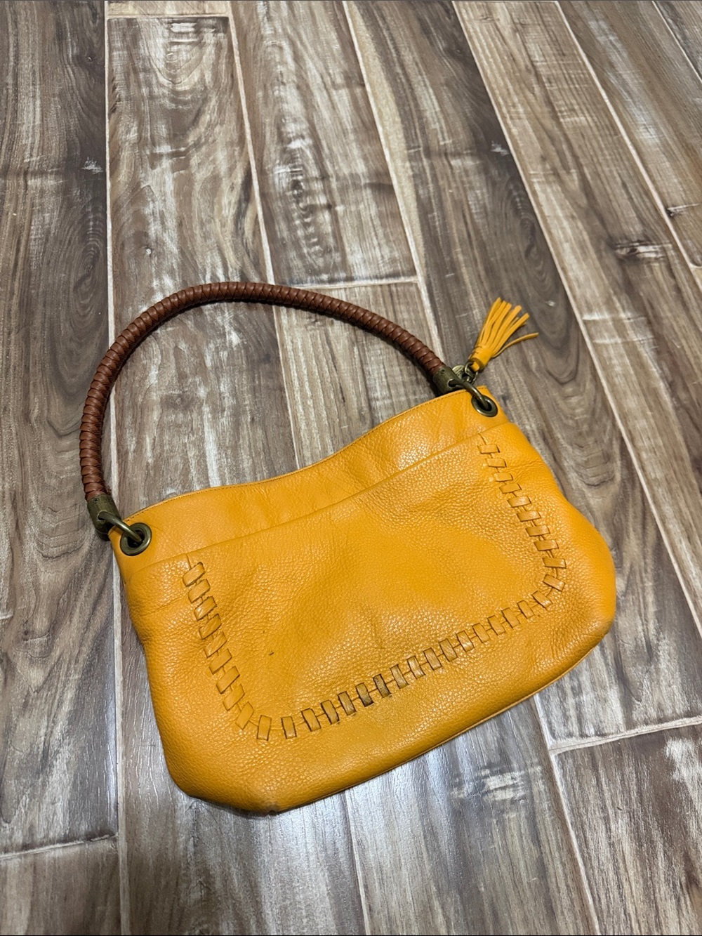 The saks golden Yellow Leather Shoulder Bag with Braided Handle